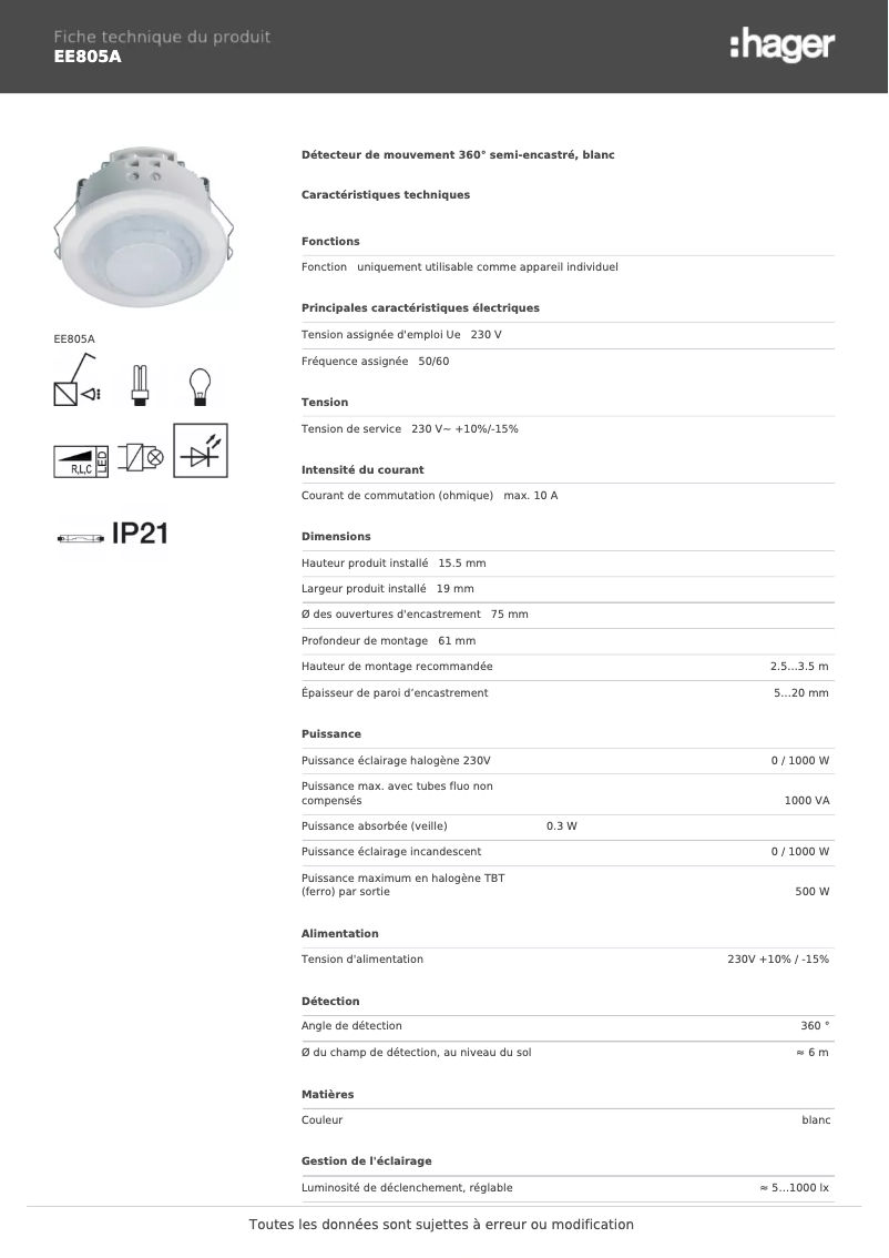 Page 1 de la notice Fiche technique Hager EE805A