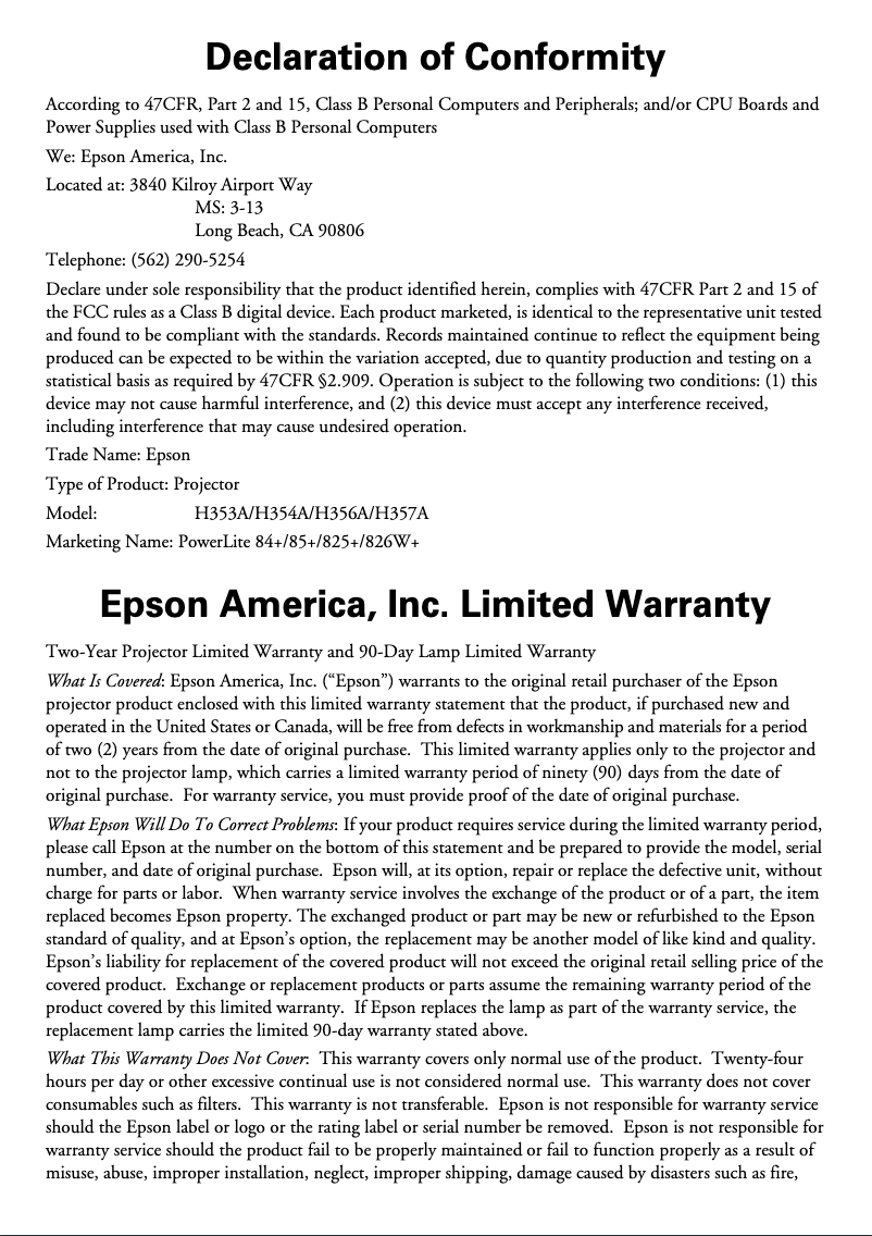 Página 1 del manual Información de garantía Epson Powerlite 825+