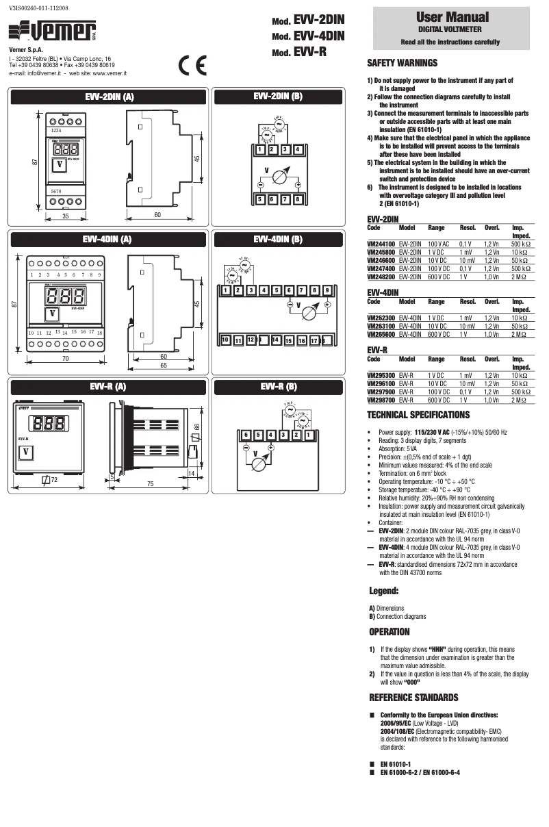 Page 1 de la notice Manuel utilisateur Vemer EVV-4DIN