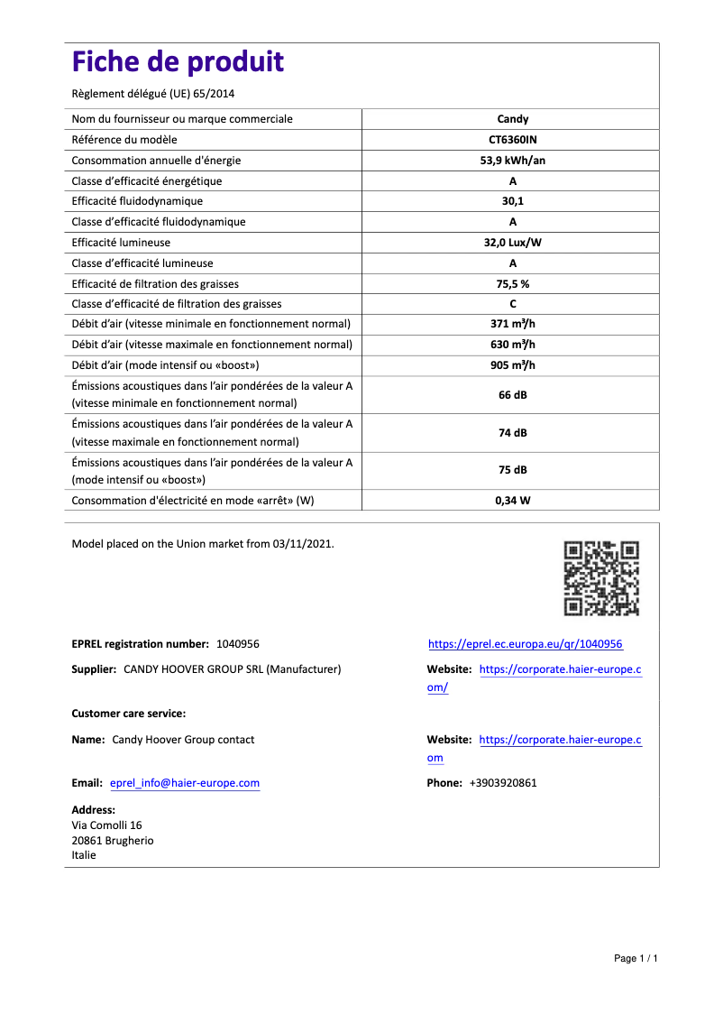 Page 1 de la notice Manuel utilisateur Candy CT6360IN