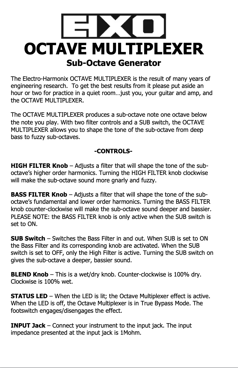 Page 1 de la notice Manuel utilisateur Electro Harmonix Octave Multiplexer