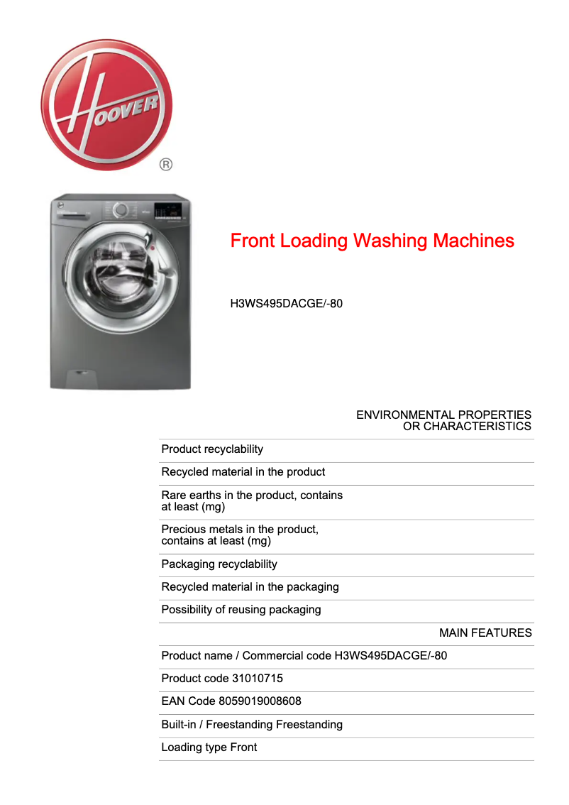 Page n°1 - Fiche technique Hoover H-WASH 300 LITE H3WS495DACGE/-80