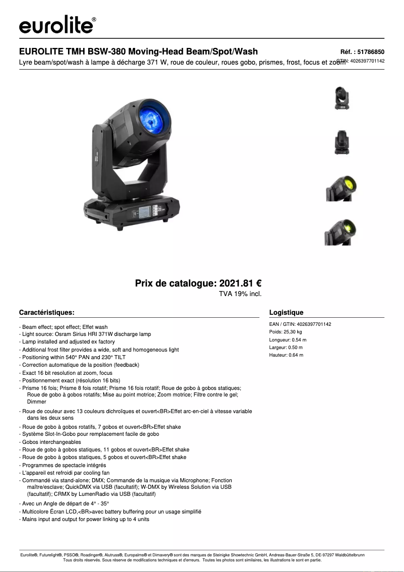 Page n°1 - Fiche technique Eurolite TMH BSW-380