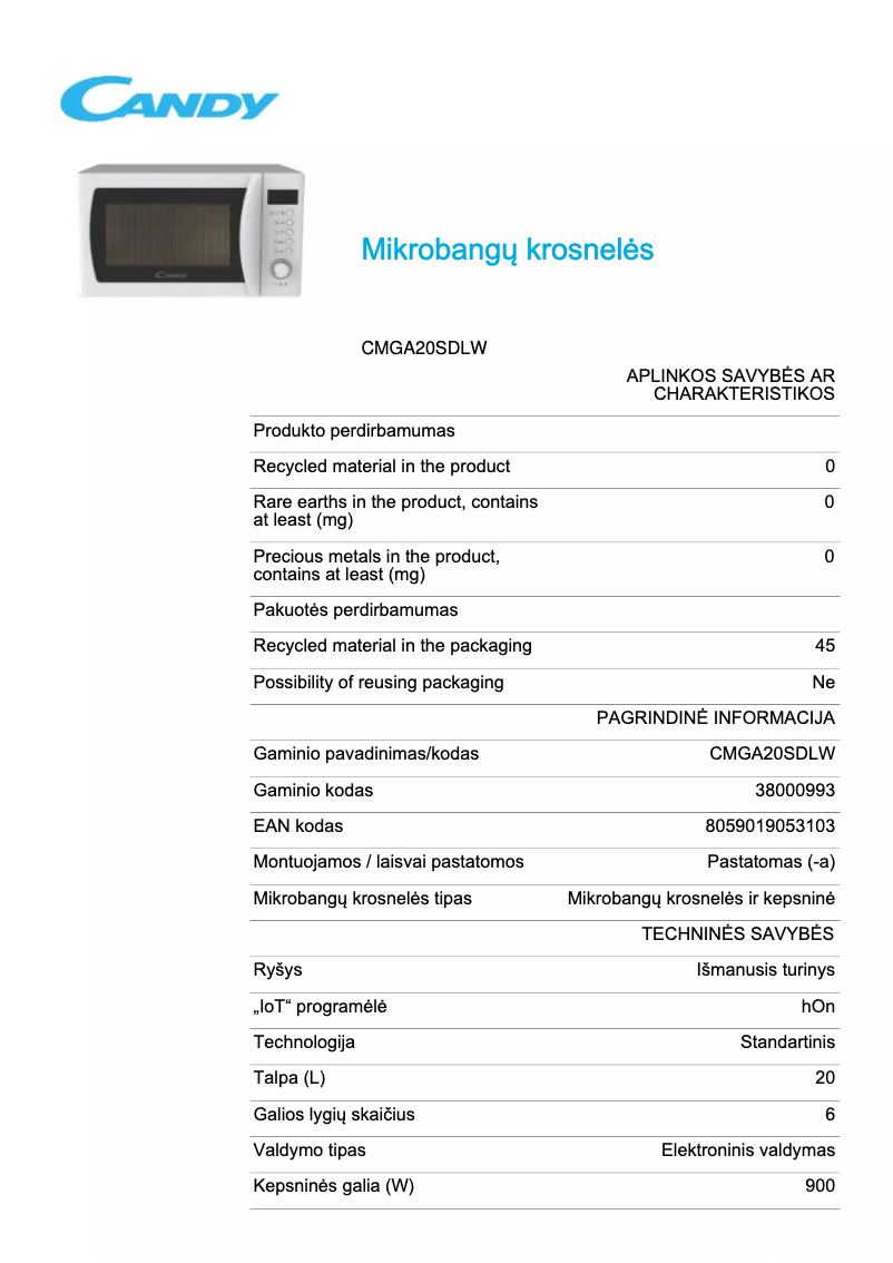 Page 1 de la notice Fiche technique Candy CMGA20SDLW