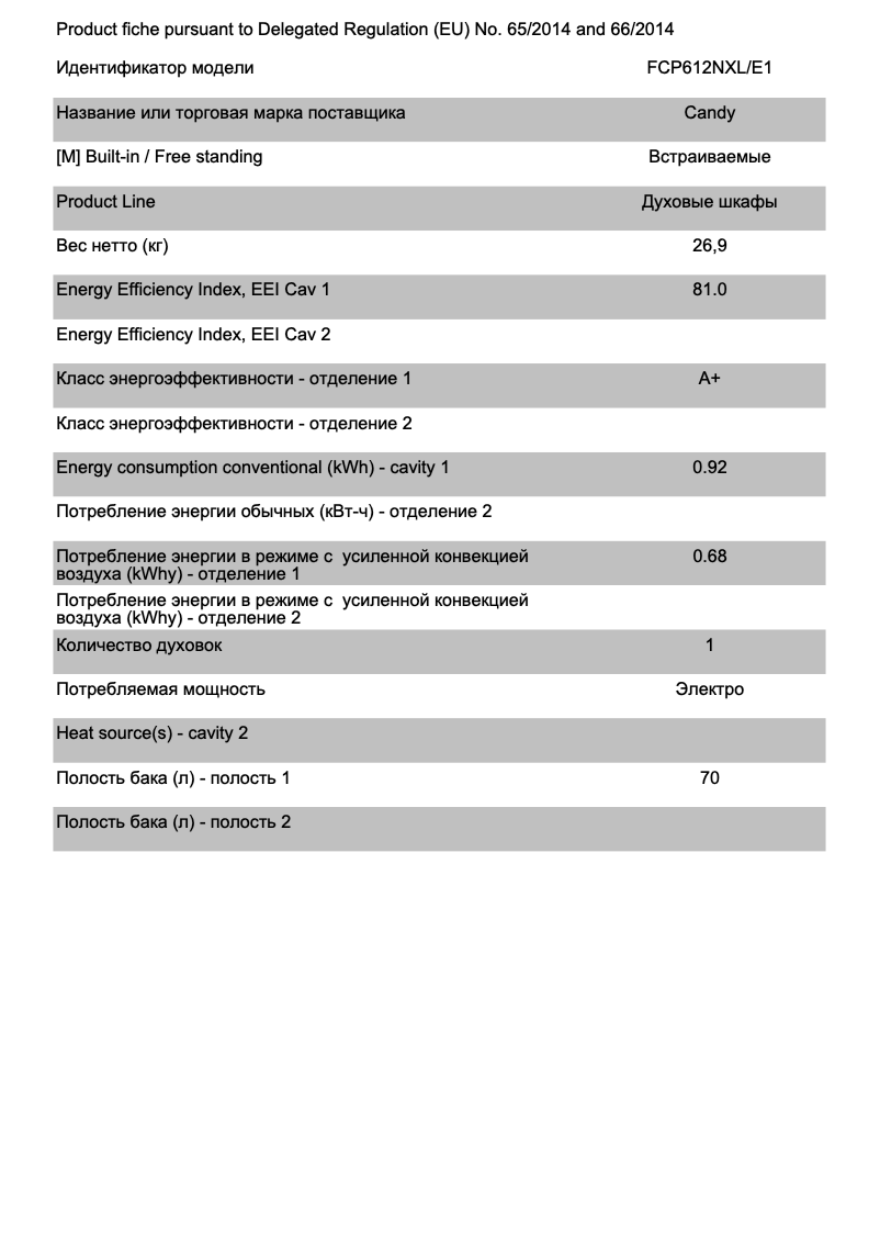 Page 1 de la notice Fiche technique Candy FCP612NXL/E1