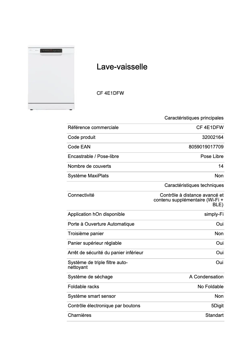 Page 1 de la notice Fiche technique Candy CF 4E1DFW