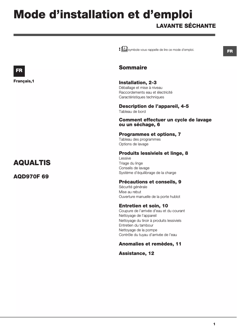 Page 1 de la notice Manuel utilisateur Hotpoint Ariston AQD970F 69 EU