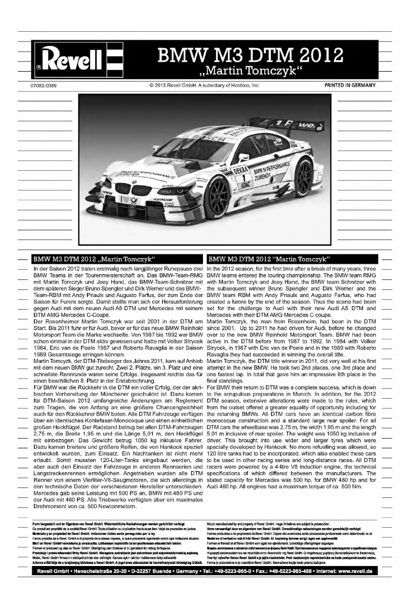 Page 1 de la notice Manuel utilisateur Revell BMW M3 DTM 2012 Martin Tomzcyk