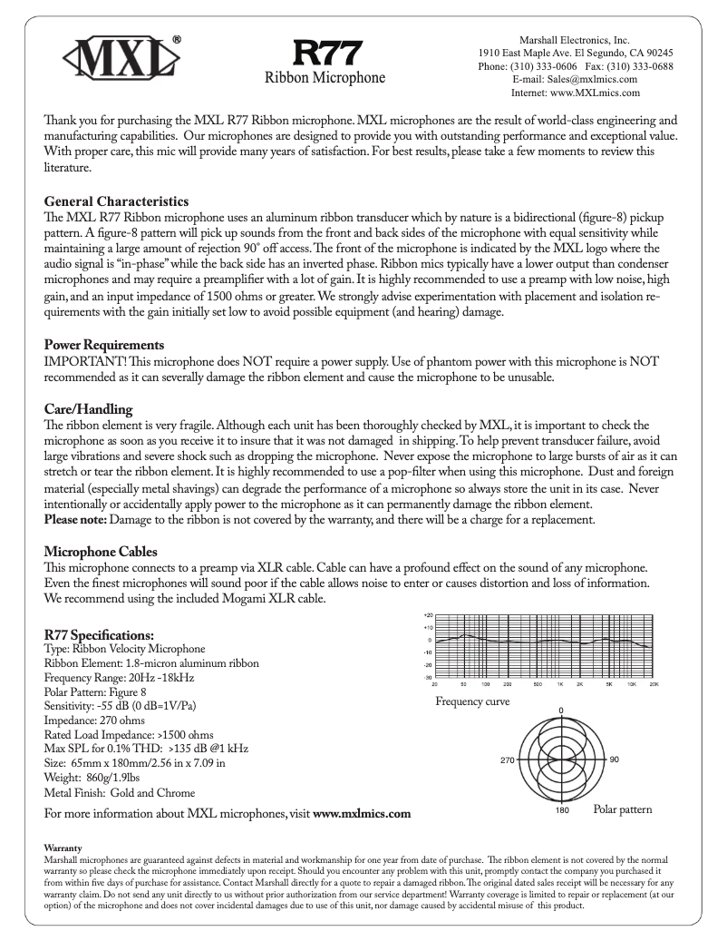 Page 1 de la notice Manuel utilisateur MXL R77