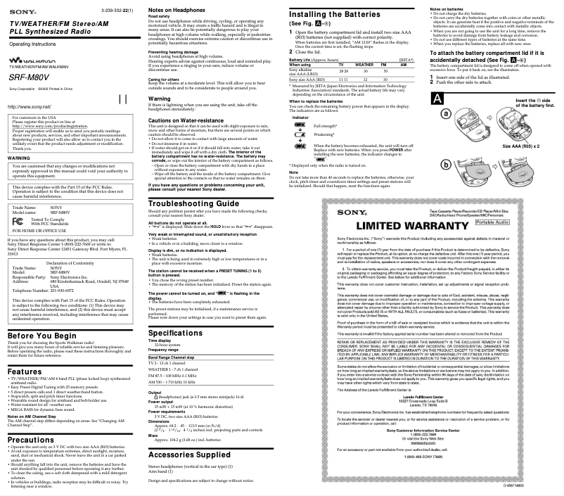 Página 1 del manual Manual de usuario Sony SRF-M80V