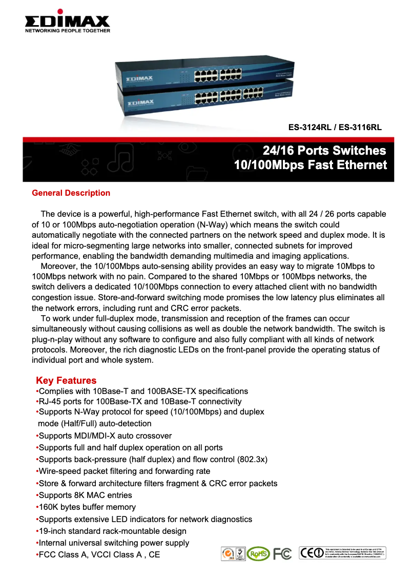 Page 1 de la notice Fiche technique Edimax ES-3116RL