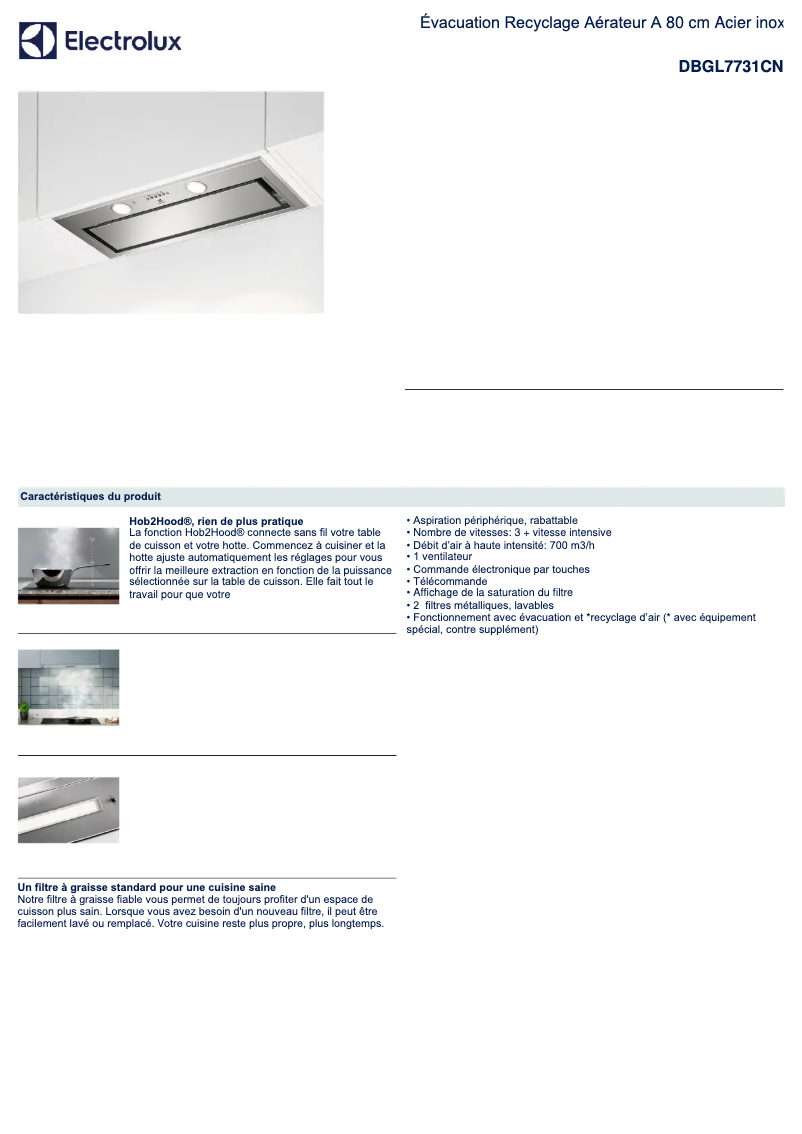 Page 1 de la notice Fiche technique Electrolux DBGL7731CN