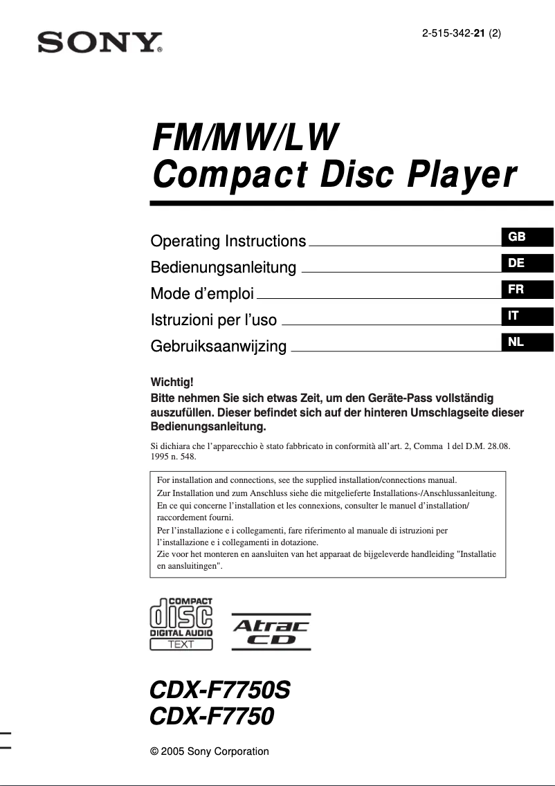 Imagen de la primera página del manual del dispositivo CDX-F7750S
