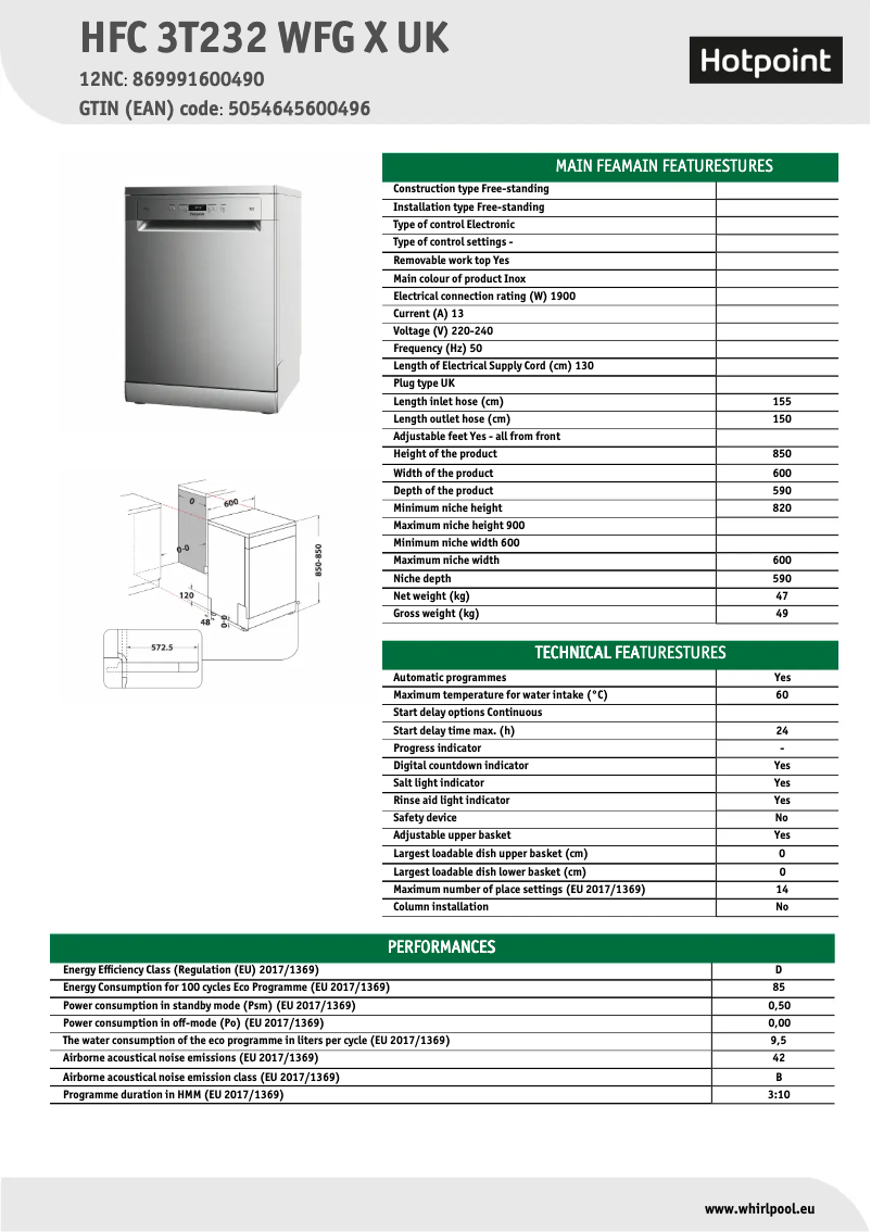 Page 1 de la notice Fiche technique Hotpoint HFC 3T232 WFG X UK