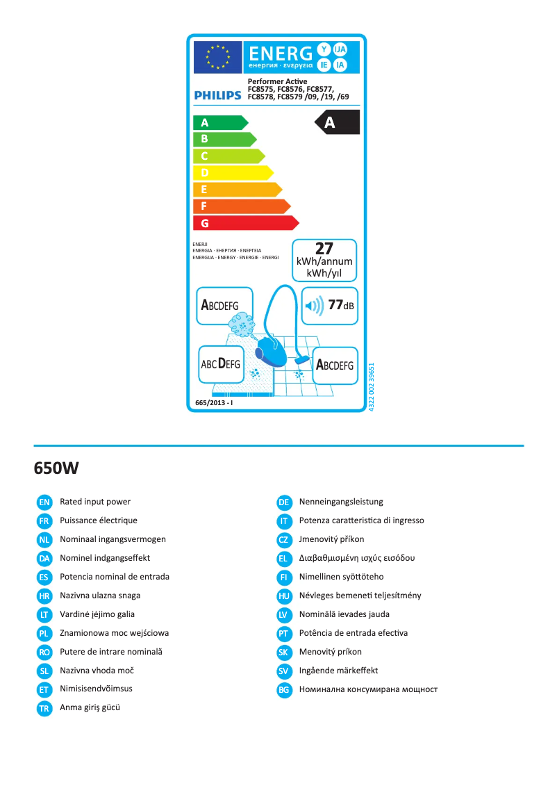Page 1 de la notice Label énergétique Philips Performer Active FC8575