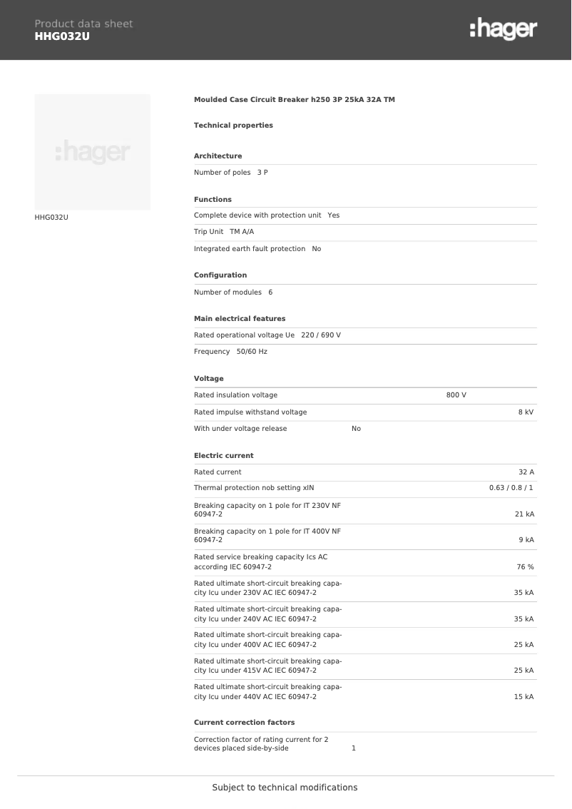 Page n°1 - Fiche technique Hager HHG032U