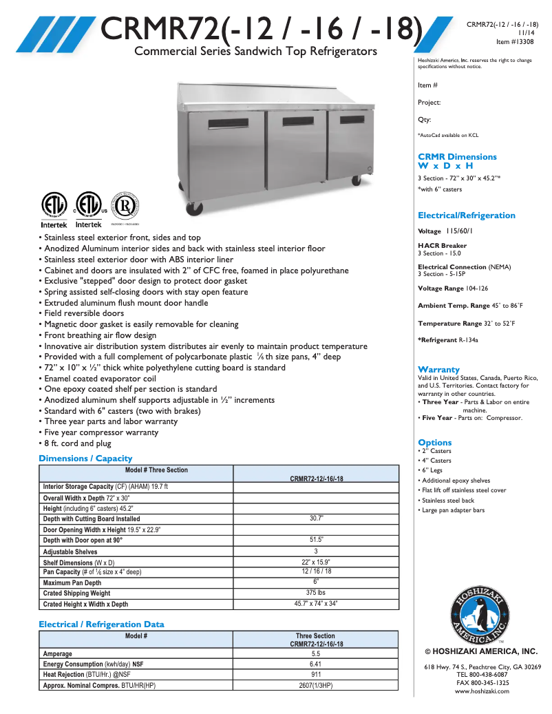 Página 1 del manual Ficha técnica Hoshizaki CRMR72-18