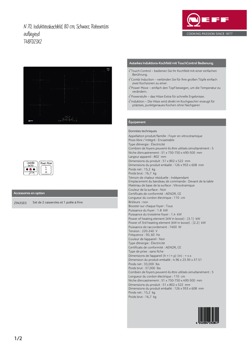 Page 1 de la notice Fiche technique Neff T48FD23X2