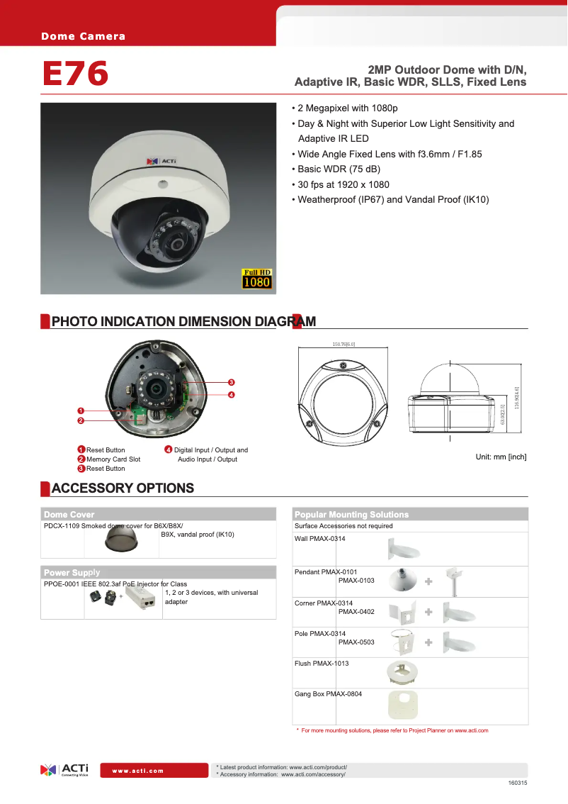 Page 1 de la notice Fiche technique ACTi E76