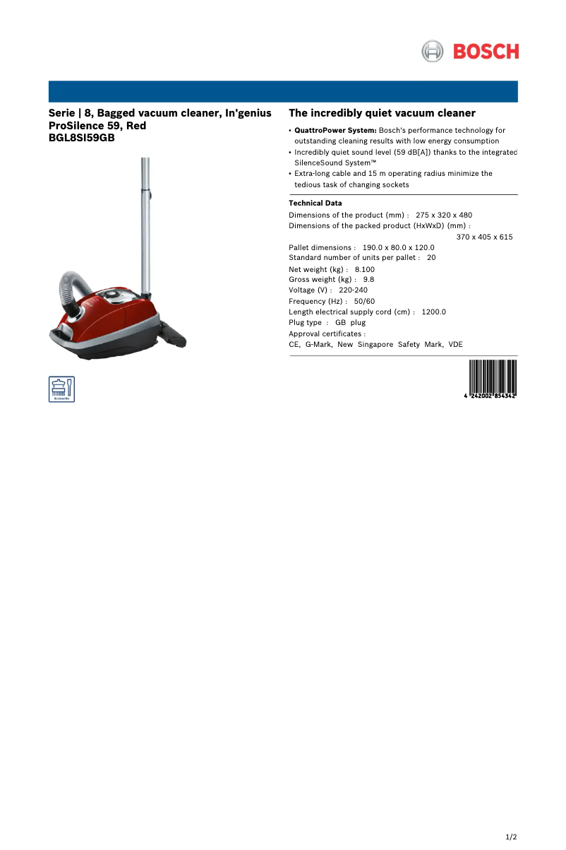 Page n°1 - Fiche technique Bosch BGL8SI59GB