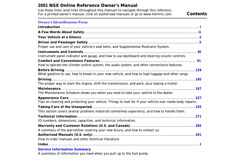 Page n°1 - Manuel utilisateur Acura NSX (2001)