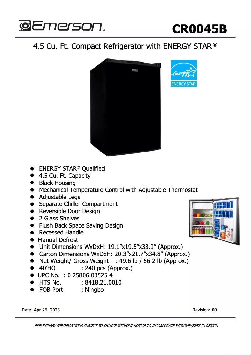 Page 1 de la notice Fiche technique Emerson CR0045B