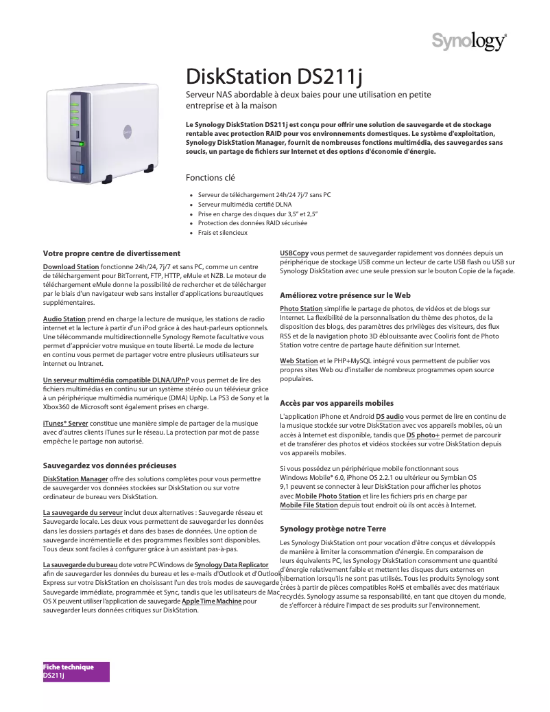Page n°1 - Fiche technique Synology DiskStation DS211j