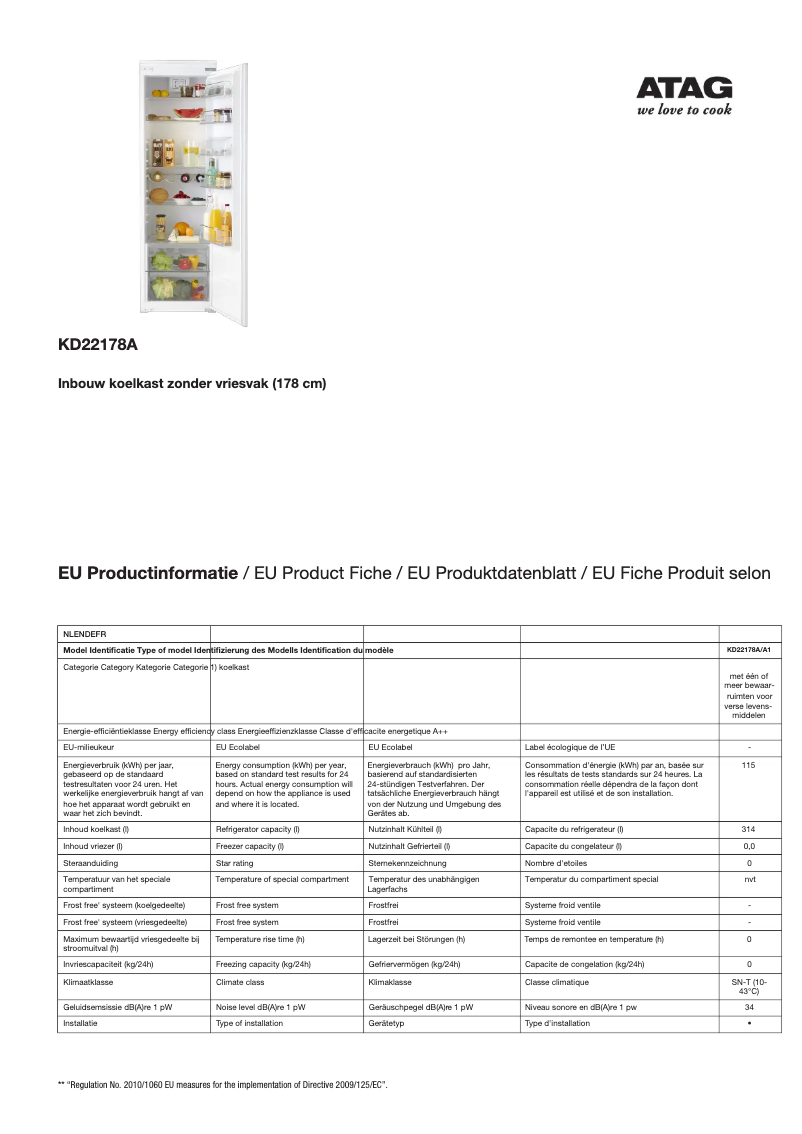 Page 1 de la notice Fiche technique Atag KD22178A