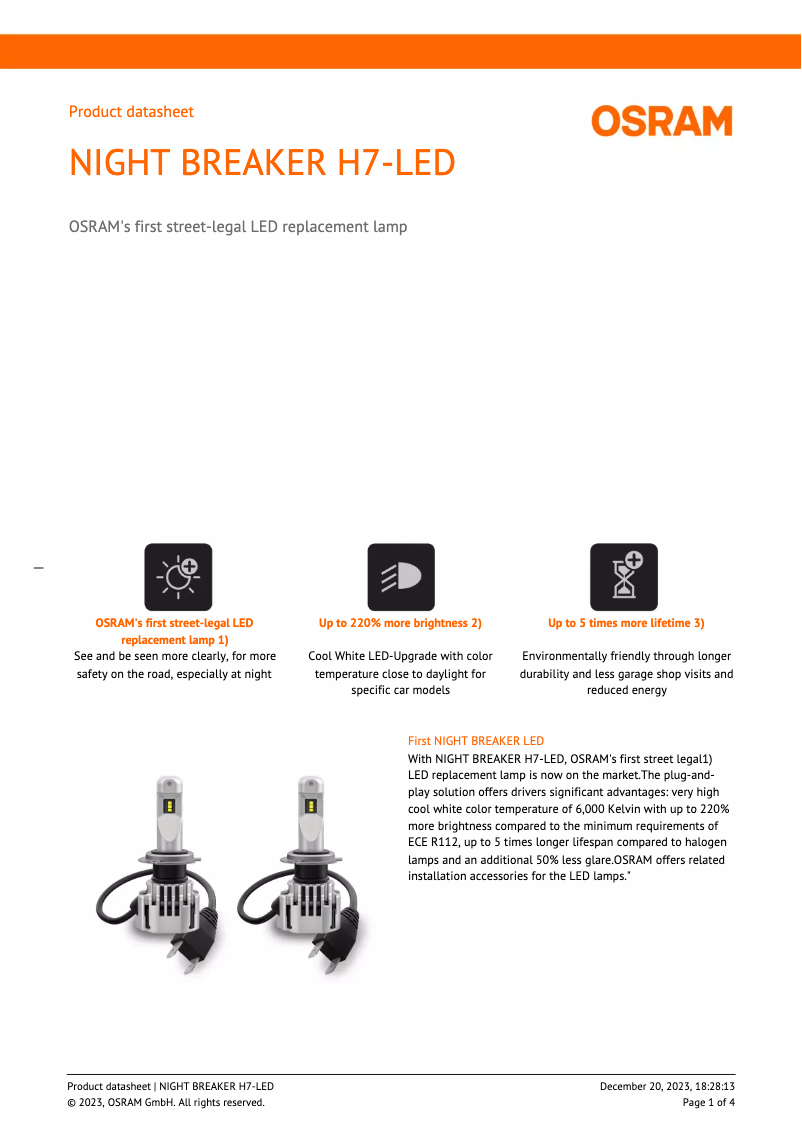 Page 1 de la notice Fiche technique Osram NIGHT BREAKER H7-LED