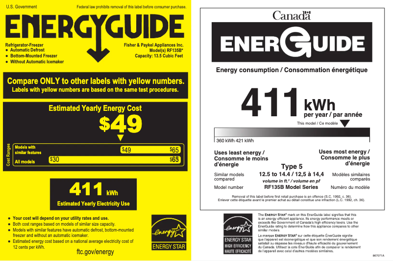 Page 1 de la notice Label énergétique Fisher & Paykel RF135BRPJX6