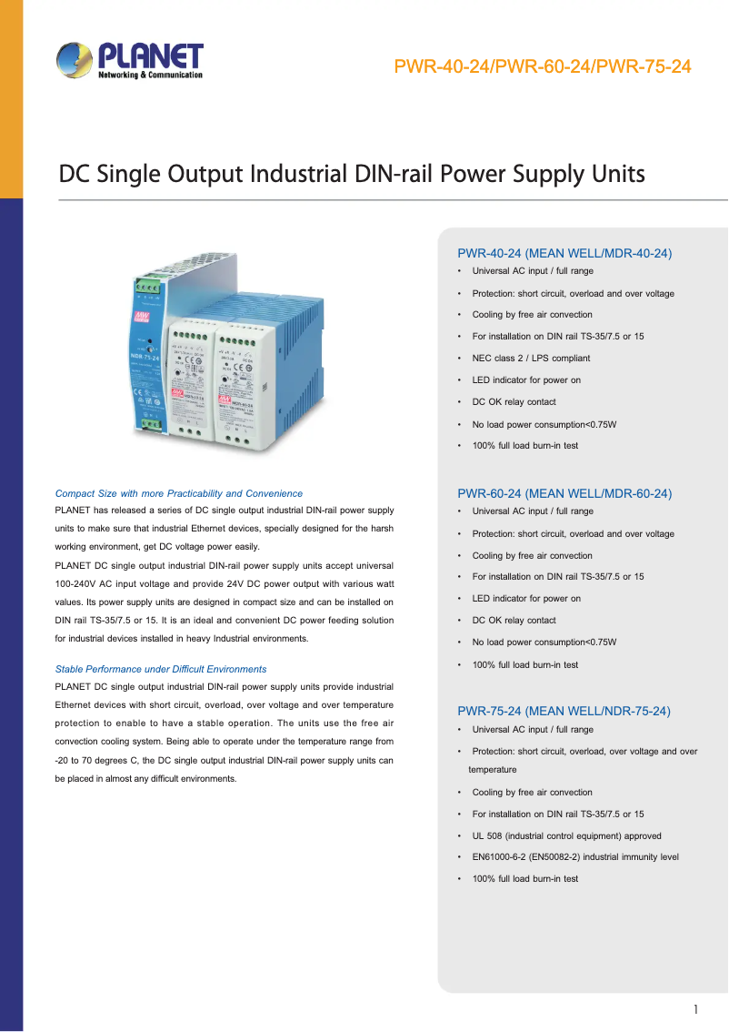Page 1 de la notice Fiche technique Planet PWR-75-24