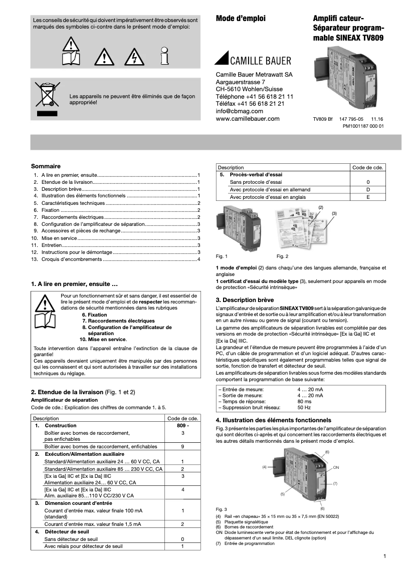 Page n°1 - Manuel utilisateur Camille Bauer Sineax TV809