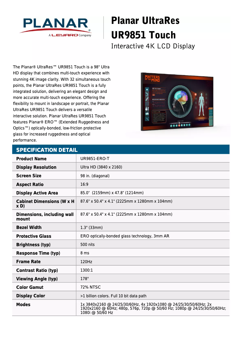 Page 1 de la notice Fiche technique Planar UltraRes UR9851 Touch