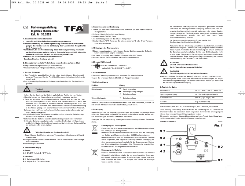 Page 1 de la notice Manuel utilisateur TFA 30.2028.01