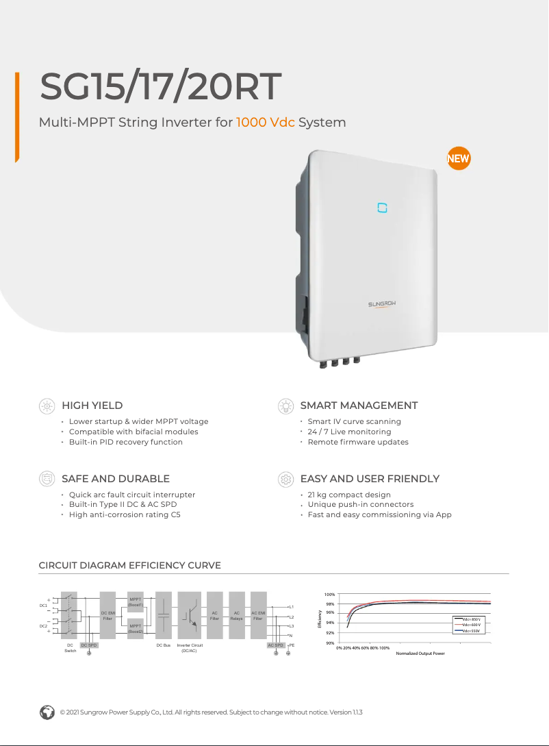 Page 1 de la notice Fiche technique Sungrow SG17RT