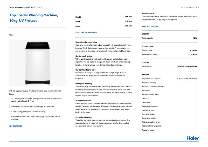 Image de la première page du manuel de l'appareil HWT10AD1