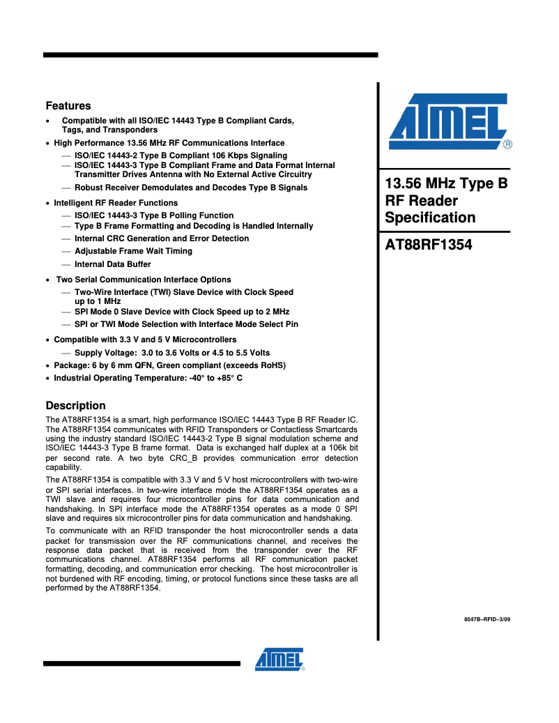 Page 1 de la notice Fiche technique Microchip AT88RF1354