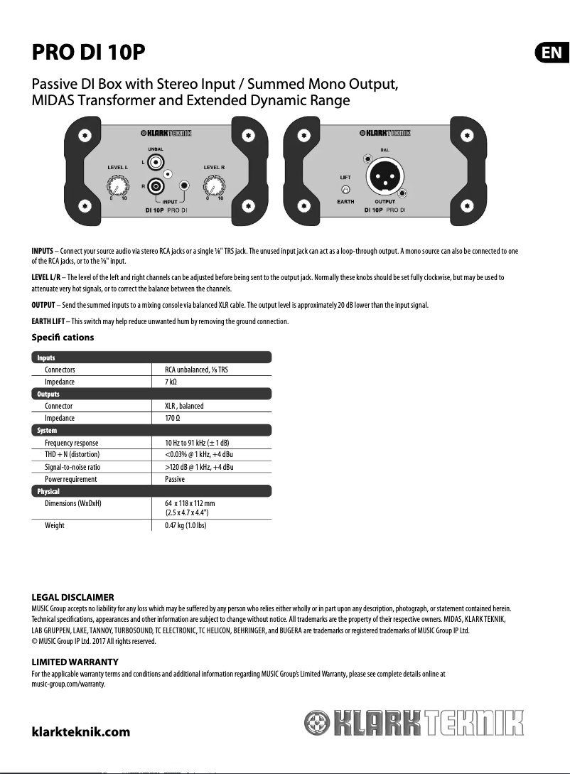 Page n°1 - Manuel utilisateur Klark Teknik DI 10P