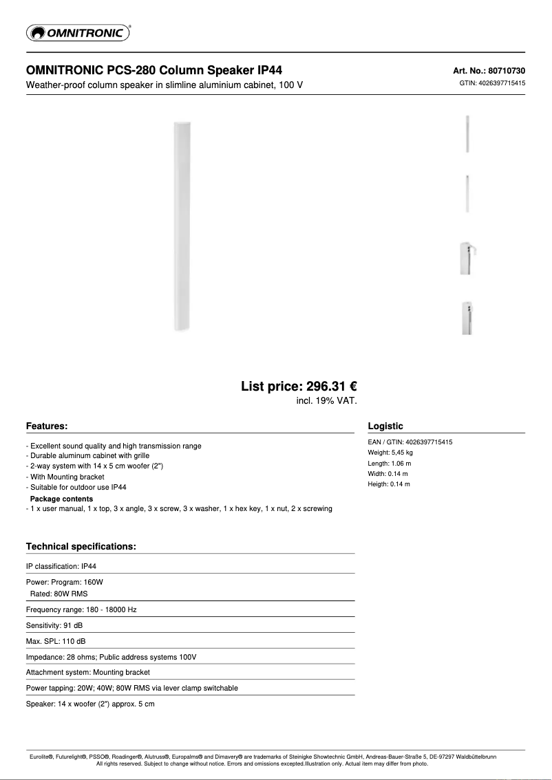 Page n°1 - Fiche technique Omnitronic PCS-280
