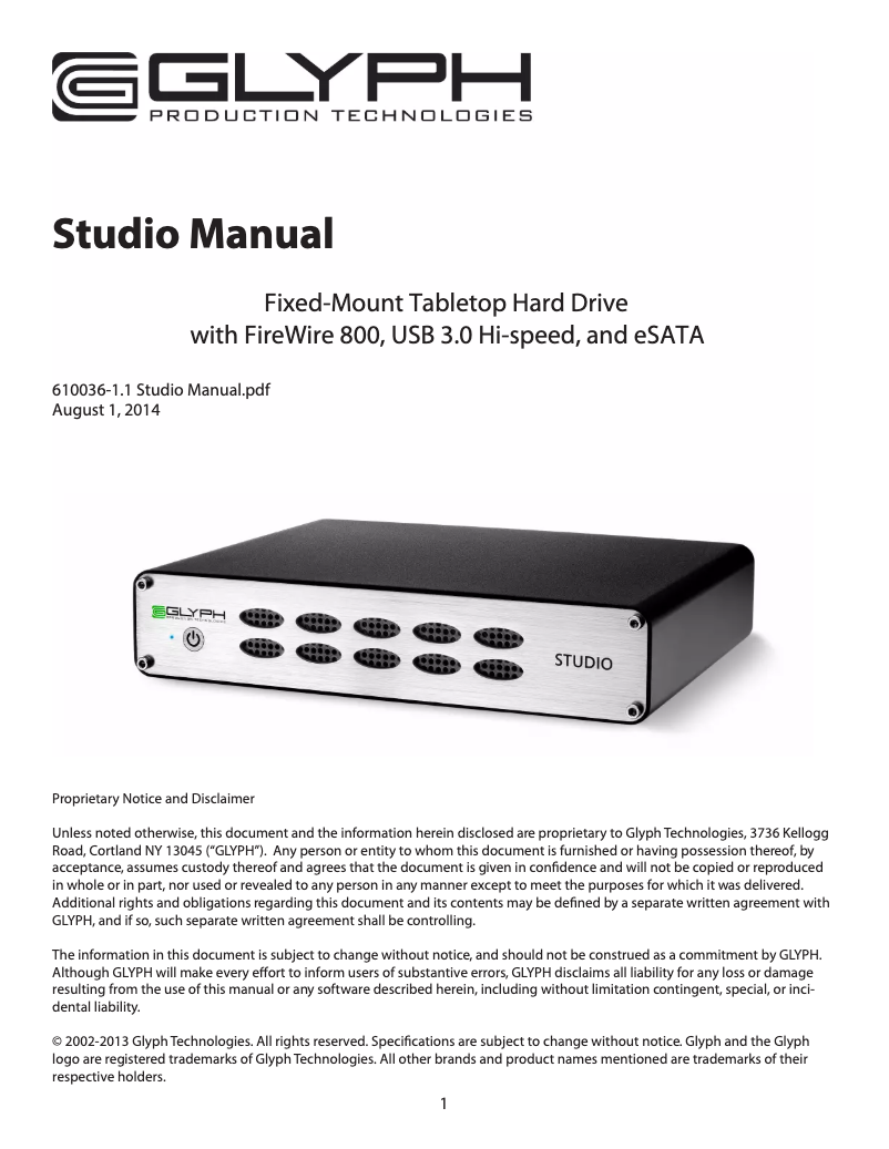 Page 1 de la notice Manuel utilisateur Glyph Studio external hard drive