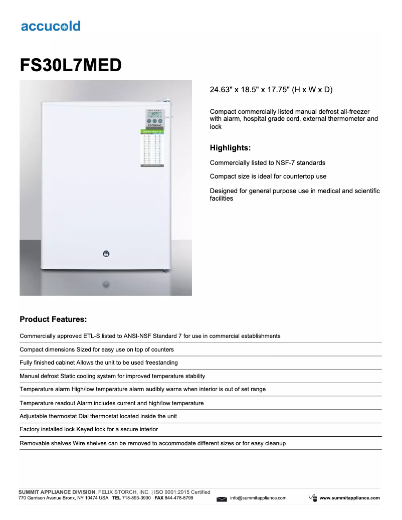Page n°1 - Fiche technique Summit Accucold FS30L7MED