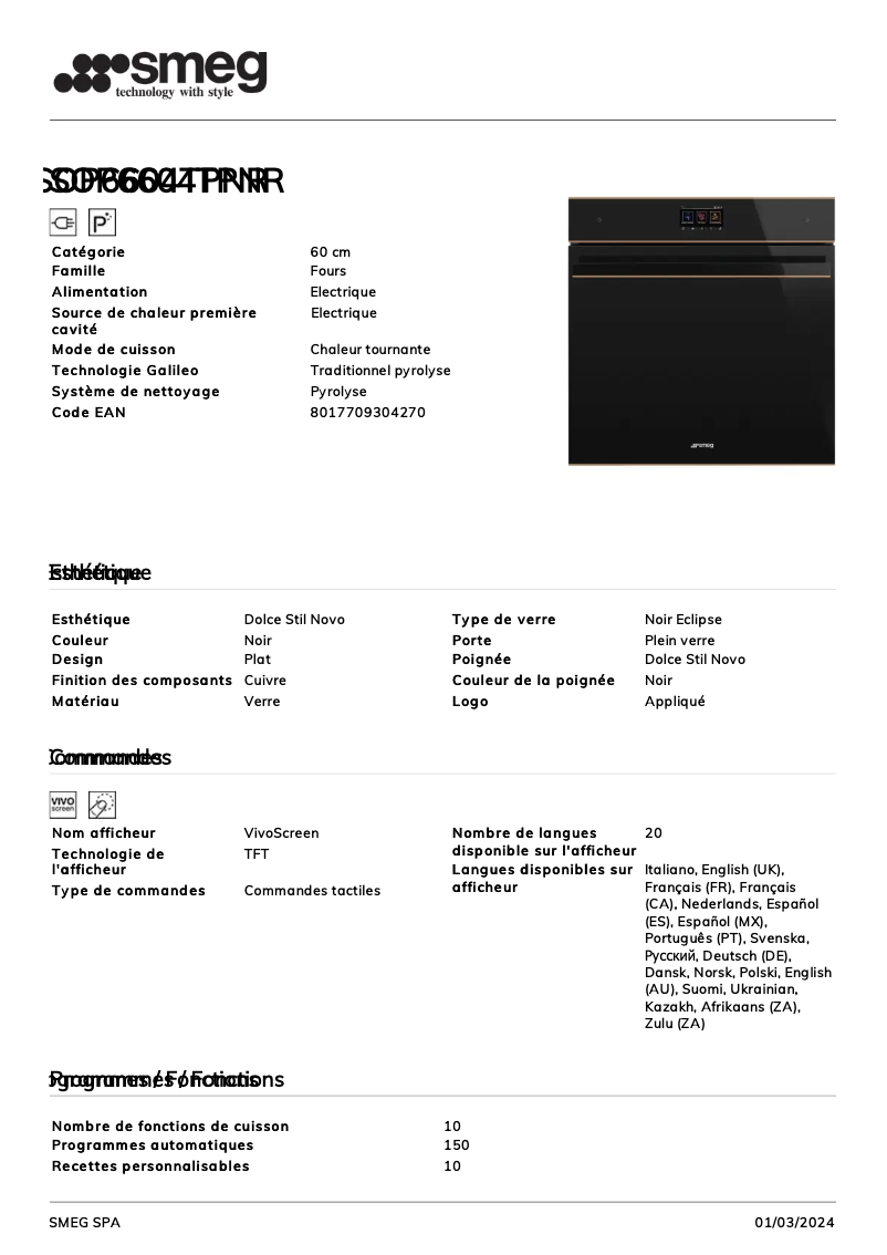 Page n°1 - Fiche technique Smeg SOP6604TPNR
