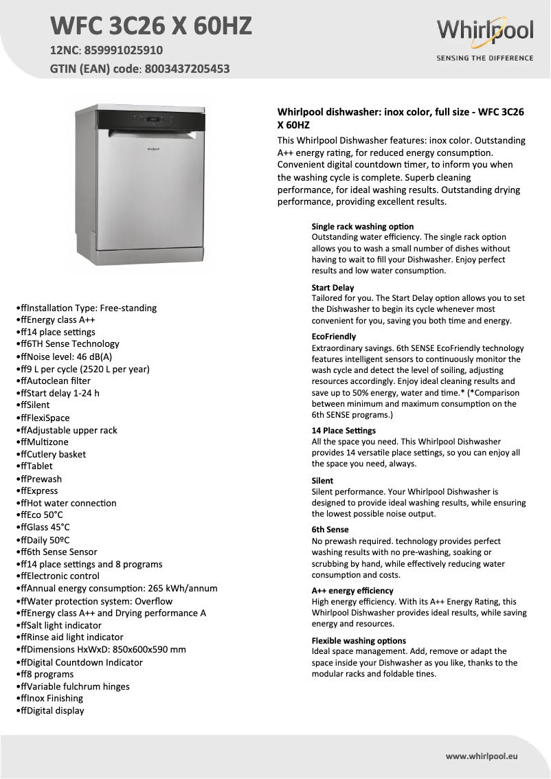 Page n°1 - Fiche technique Whirlpool WFC 3C26 X