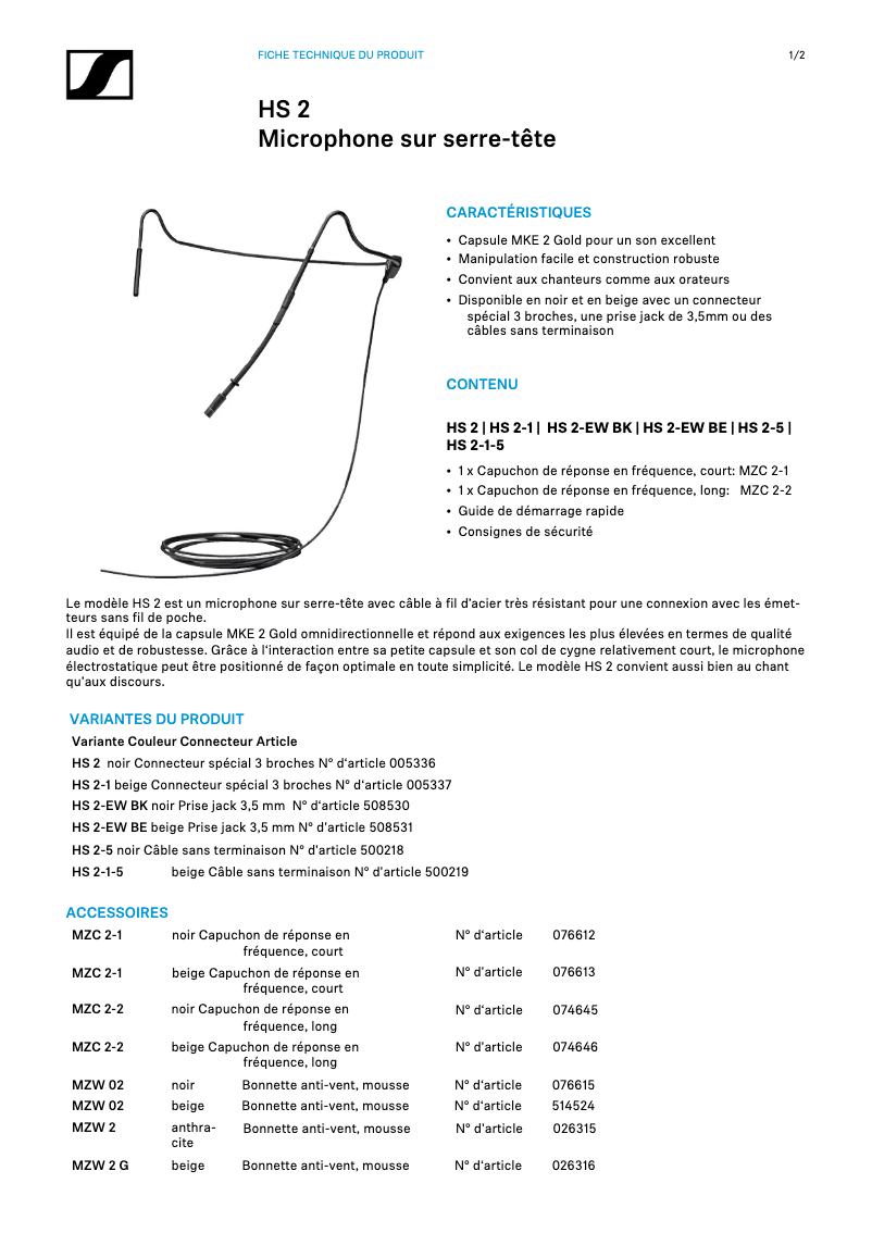 Page n°1 - Fiche technique Sennheiser HS 2