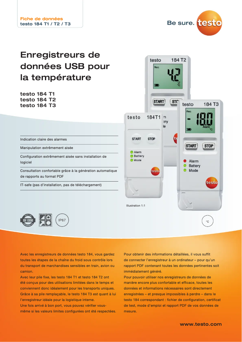 Page 1 de la notice Fiche technique Testo 184 T3