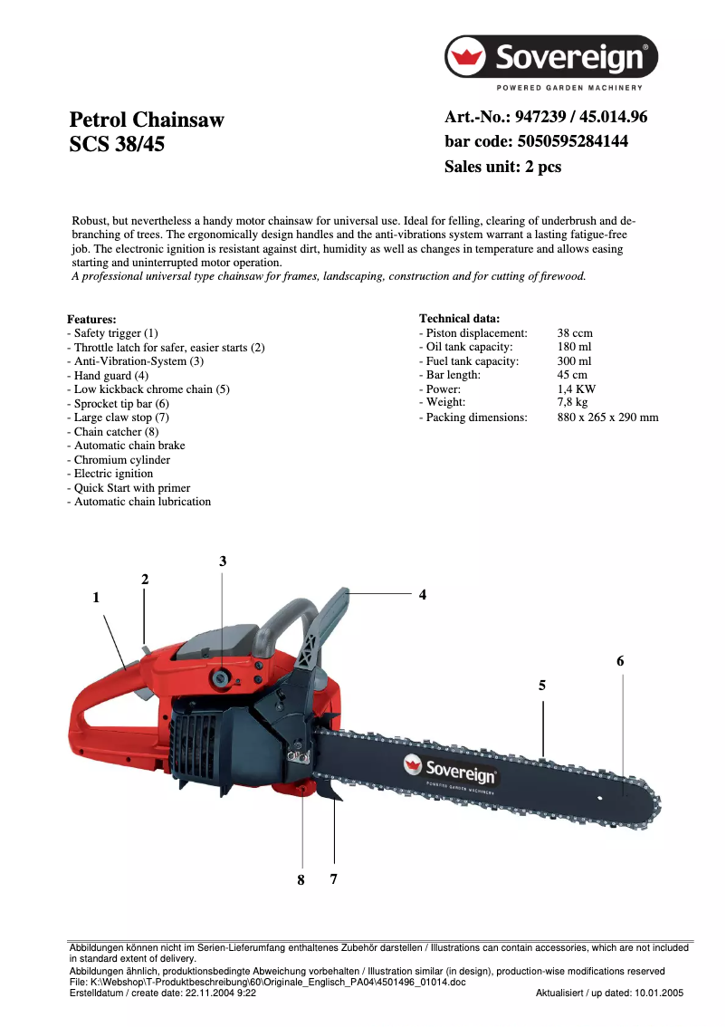 Page 1 de la notice Fiche technique Sovereign SCS 38/45