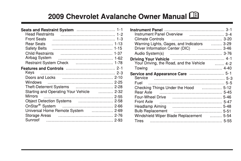 Page 1 de la notice Manuel utilisateur Chevrolet Avalanche (2009)