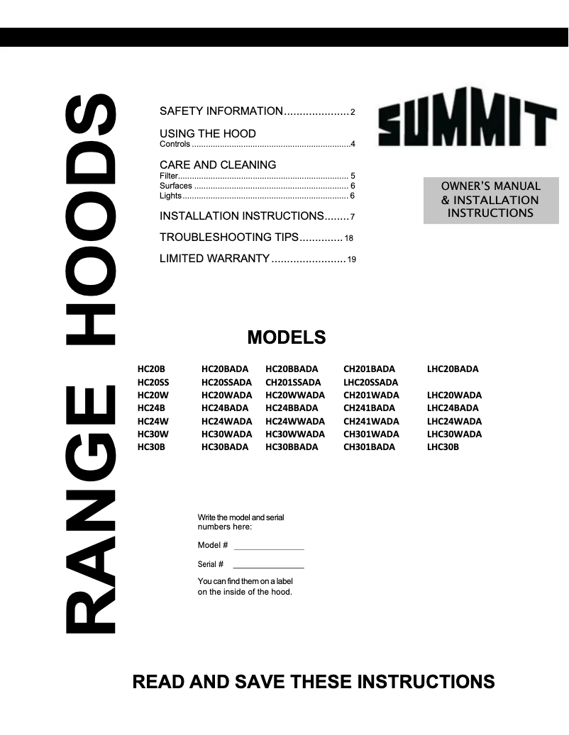 Page 1 de la notice Manuel utilisateur Summit HC20WWADA