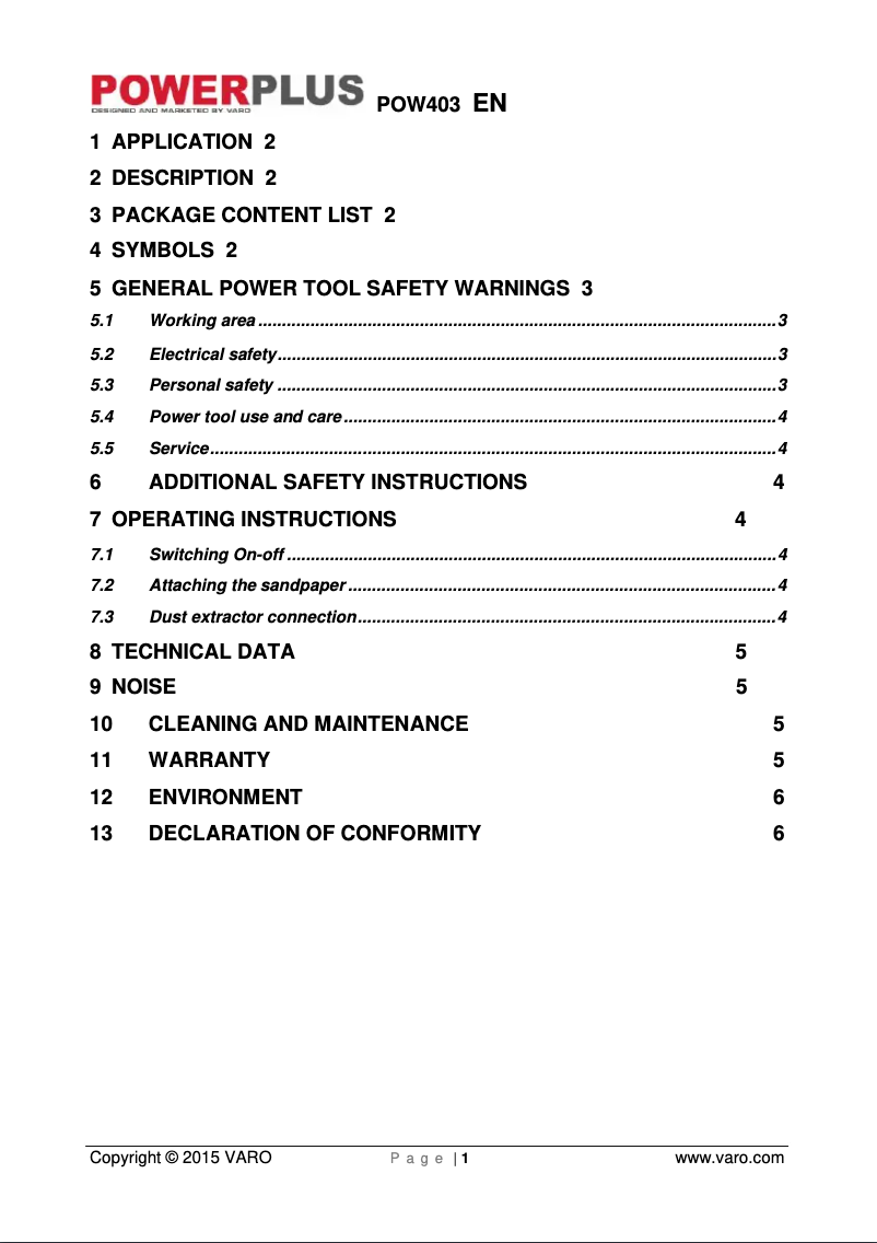 Page n°1 - Manuel utilisateur PowerPlus POW403