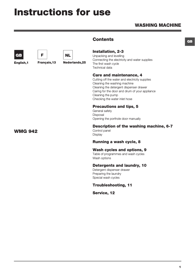 Page 1 de la notice Manuel utilisateur Hotpoint WMG 942BV EU